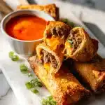 Golden crispy Philly cheesesteak egg rolls with melted cheese and savory steak filling, served with sriracha mayo dip, in natural light.