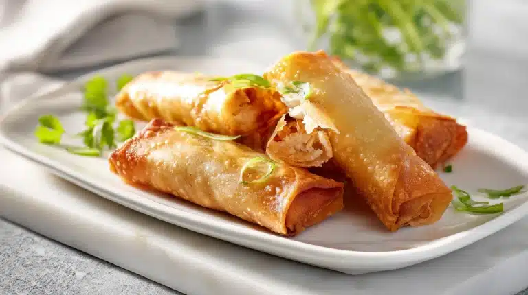 Crispy golden Pork egg rolls stacked on a rustic wooden board with dipping sauce