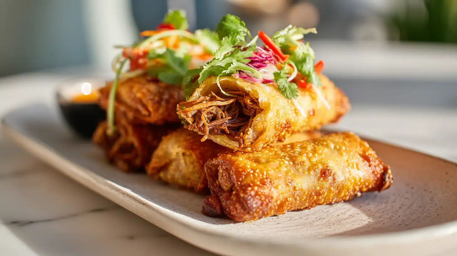 Pulled Pork Egg Rolls: Crispy, Golden, and Ready in 45 Minutes 29 Crispy golden Pulled pork egg rolls stacked on a rustic wooden board with dipping sauce
