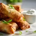 Crispy golden pulled pork egg rolls on a rustic board with creamy Alabama white sauce, garnished with fresh cilantro.