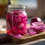 Quick pickled red onions recipe in mason jar on rustic wood