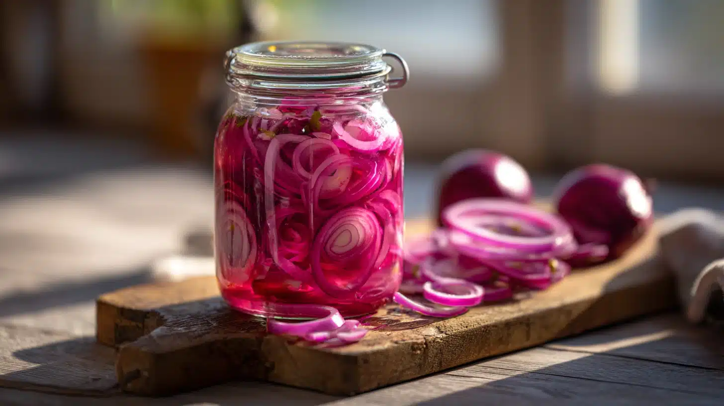 Quick Pickled Red Onions Recipe: 40-Minute Tangy, Crunchy Perfection 21 Quick pickled red onions recipe in mason jar on rustic wood