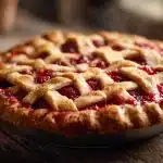 Golden lattice Raspberry Rhubarb Pie with bubbling ruby filling.