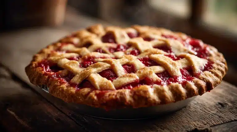 Golden lattice Raspberry Rhubarb Pie with bubbling ruby filling.