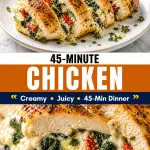 Golden stuffed chicken breast sliced open with creamy spinach and roasted red pepper filling on a white plate