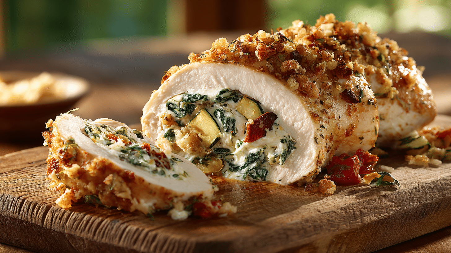 recipe chicken breast stuffed: Cheesy Spinach & Roasted Red Pepper (Easy & Juicy) 23 Golden recipe chicken breast stuffed with spinach and peppers on wood.