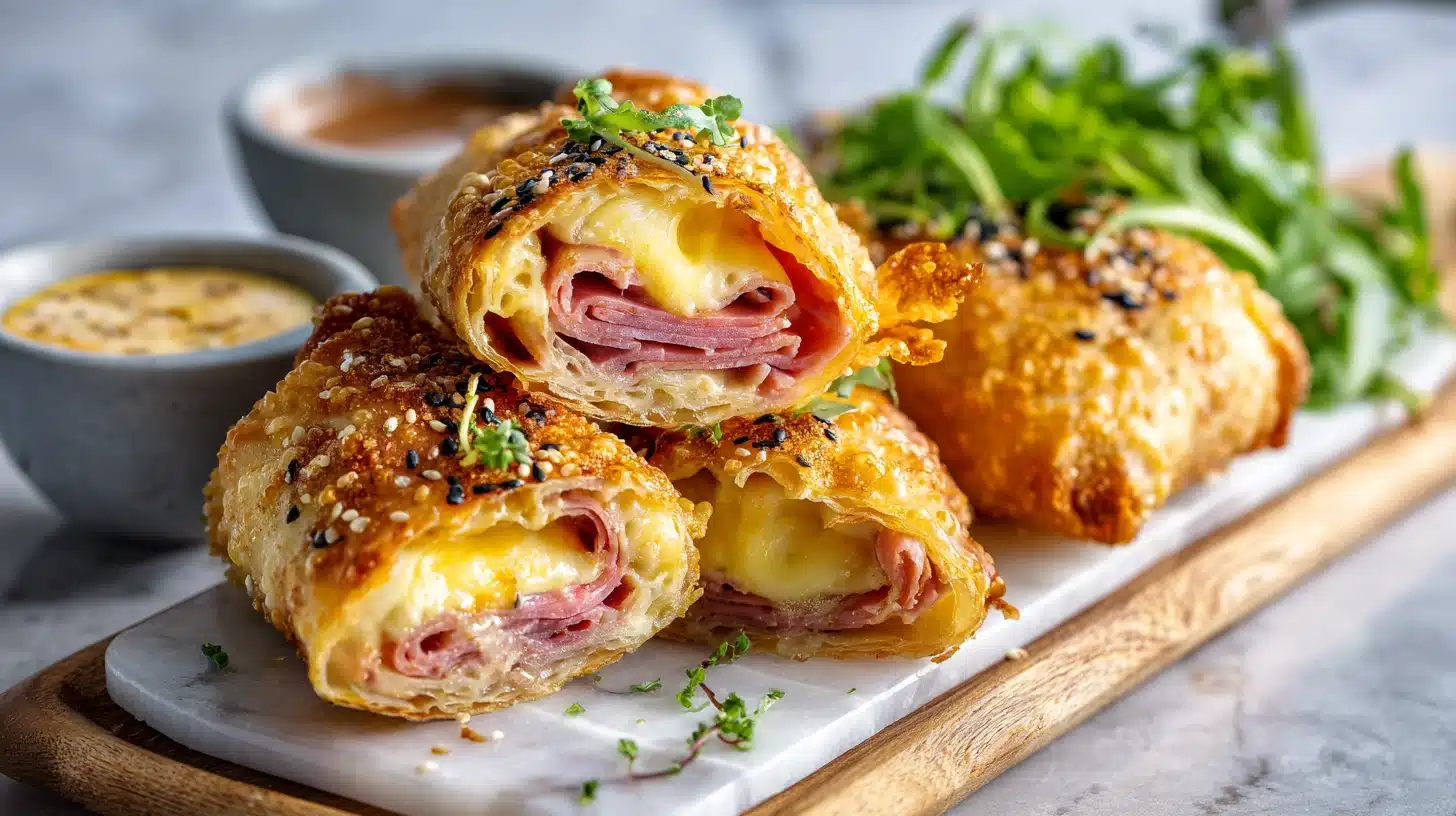 30-Minute Crispy Reuben Egg Rolls with Caraway Rye Flavor (Air Fryer or Fried) 18 Crispy Reuben egg rolls with Thousand Island dip on wood