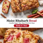 Moist golden rhubarb bread sliced on white marble with pink rhubarb chunks, crackly sugar top, fresh rhubarb stalks, and a macro close-up of the tender crumb.