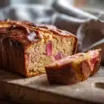 Golden rhubarb bread recipe loaf with crackly sugar top on wood