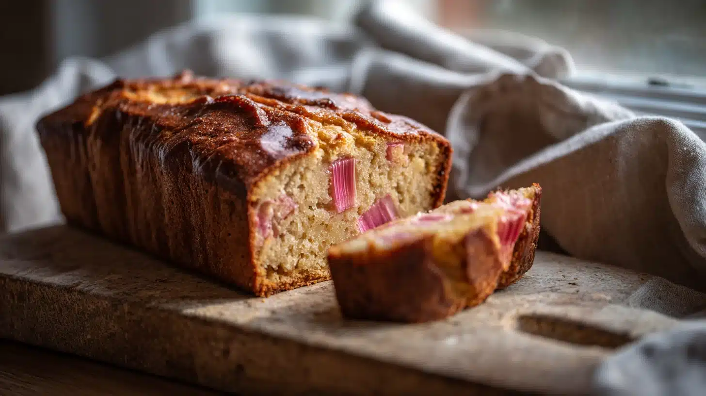 This Moist Rhubarb Bread Recipe Has a Crackly Sugar Top (and Stays Fresh for Days) 23 Golden rhubarb bread recipe loaf with crackly sugar top on wood