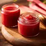 Two glass jars of homemade rhubarb butter on a rustic wooden board