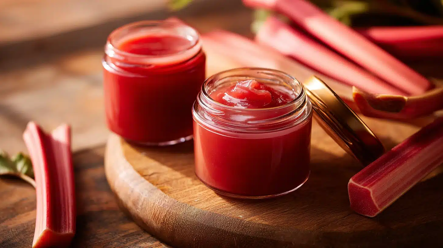 Rhubarb Butter: A Silky, Tangy Spread You'll Put on Everything 16 Two glass jars of homemade rhubarb butter on a rustic wooden board