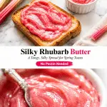 Toast spread with silky rhubarb butter, fresh rhubarb stalks beside, vibrant pink color and smooth texture.