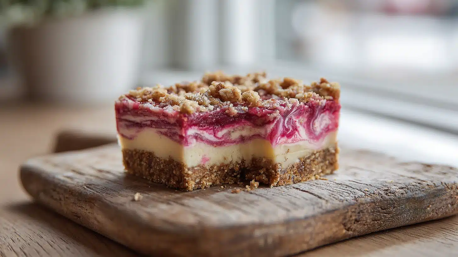 Creamy, Tangy Rhubarb Cheesecake Bars That Taste Like Spring 29 Rhubarb cheesecake bars with pecan crumble on a rustic board.