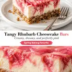 Slice of rhubarb cheesecake bar on white plate with oat-pecan crust, creamy filling, and pink rhubarb swirl.