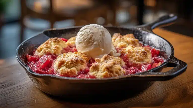 Golden rhubarb cobble with vanilla ice cream in cast iron skillet.