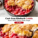Rhubarb cobble in cast iron skillet with sweet-tart filling and biscuit topping, dusted with sugar on a white surface.
