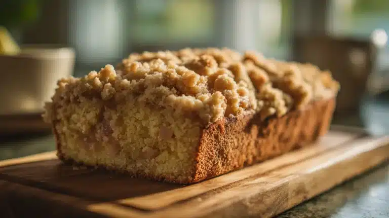 Golden rhubarb coffee cake with big crumb streusel on wooden board.