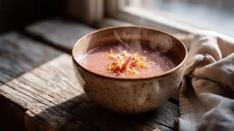 Glossy rhubarb compote in a ceramic bowl with orange zest garnish on a wooden board