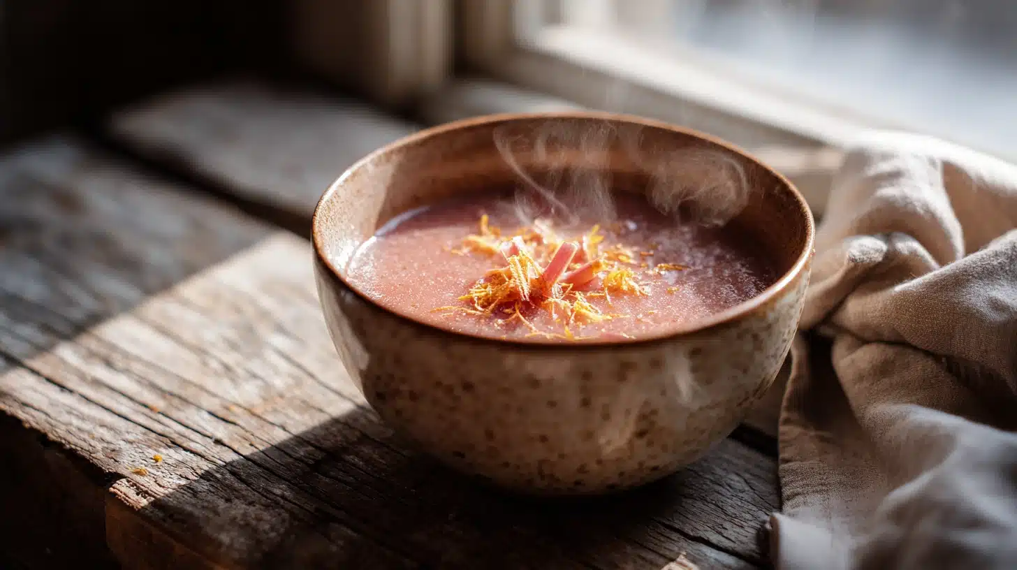 Simple Rhubarb Compote That Goes With Absolutely Everything 17 Glossy rhubarb compote in a ceramic bowl with orange zest garnish on a wooden board
