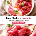 Vibrant pink easy rhubarb compote drizzled over creamy yogurt with fresh mint and honey, showcasing a quick homemade fruit compote in natural light.