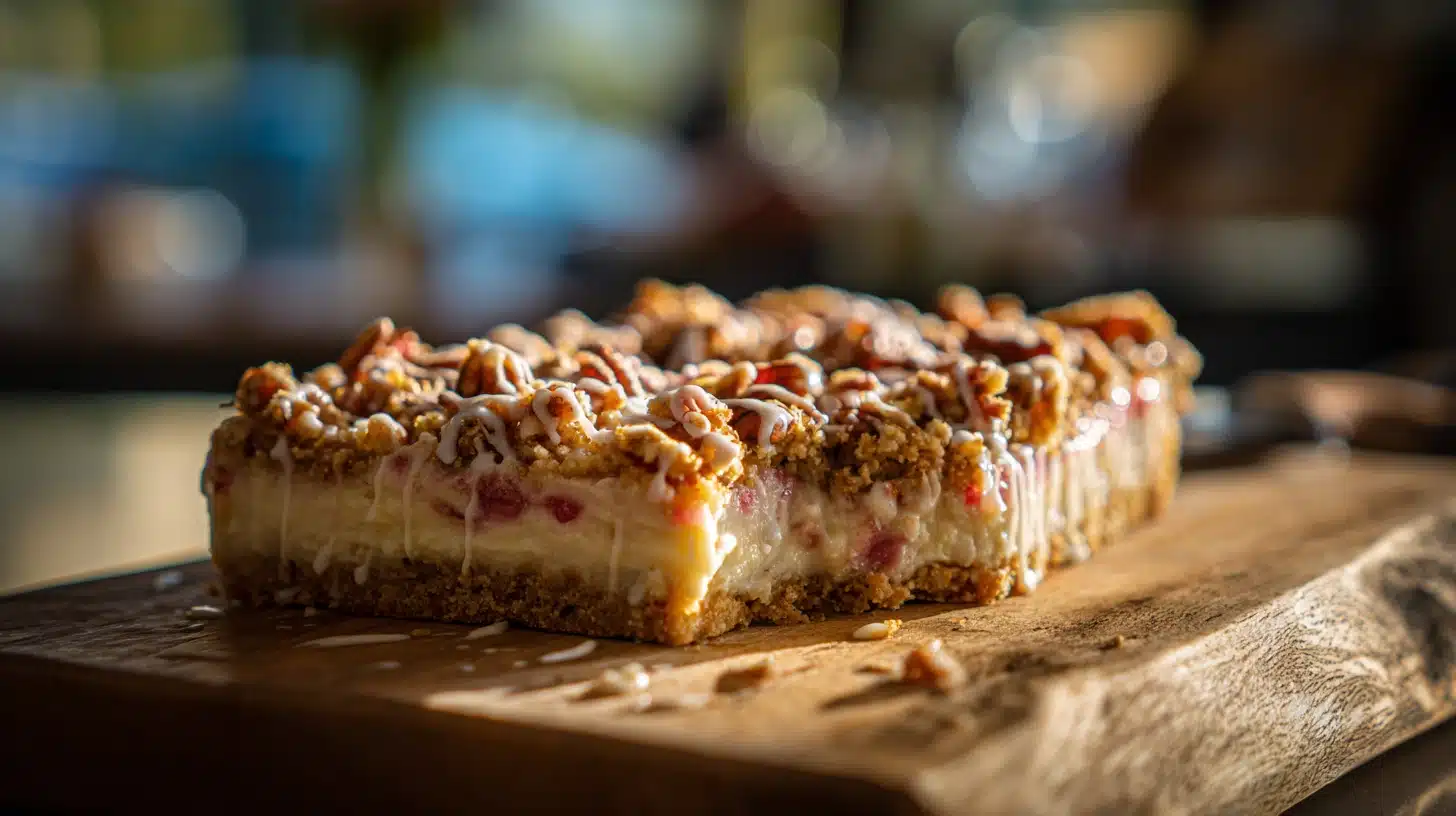 75-Minute Rhubarb Cream Cheese Bars: Tangy, Creamy, and Irresistible 28 Slice of rhubarb cream cheese bars with crumble topping and glaze on wood