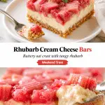 Slice of rhubarb cream cheese bars with buttery oat crust and tangy cream cheese rhubarb filling, on a bright surface.