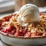 Golden Rhubarb Crisp with Crumble Topping and melting vanilla ice cream.