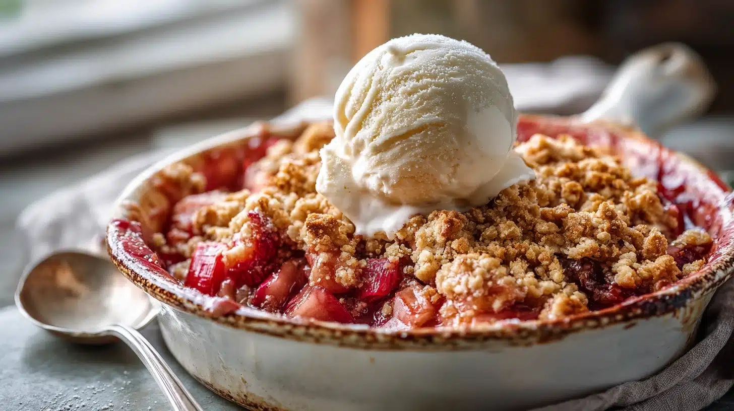 Rhubarb Crisp with Crumble Topping - Pure Rhubarb Flavor, No Strawberries Needed 24 Golden Rhubarb Crisp with Crumble Topping and melting vanilla ice cream.