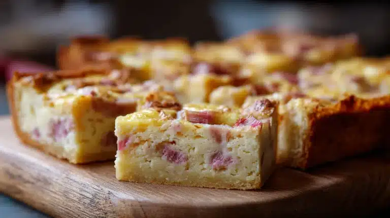 Homemade rhubarb custard bars with creamy custard and golden crust