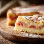 Golden rhubarb custard cake slice with creamy custard and rhubarb
