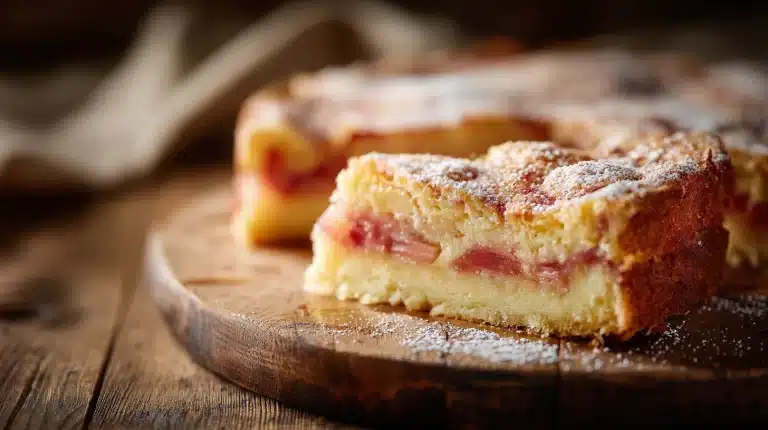 Golden rhubarb custard cake slice with creamy custard and rhubarb