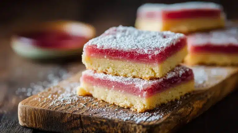 Rhubarb dream bars with powdered sugar on rustic wood.