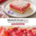 A baked rhubarb dream bar with pink custard over a tender shortbread crust, dusted with powdered sugar.