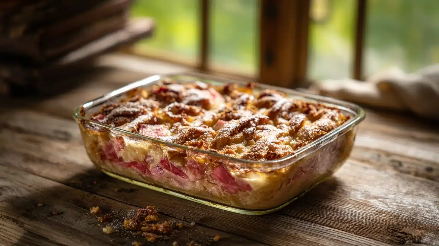 Easy Rhubarb Dump Cake Recipe: No Jello, 4 Ingredients, Ready in 2 Hours 50 Minutes 13 Golden rhubarb dump cake with crispy top in glass baking dish.
