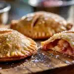 Golden Rhubarb Hand Pies with strawberry filling on a wooden board