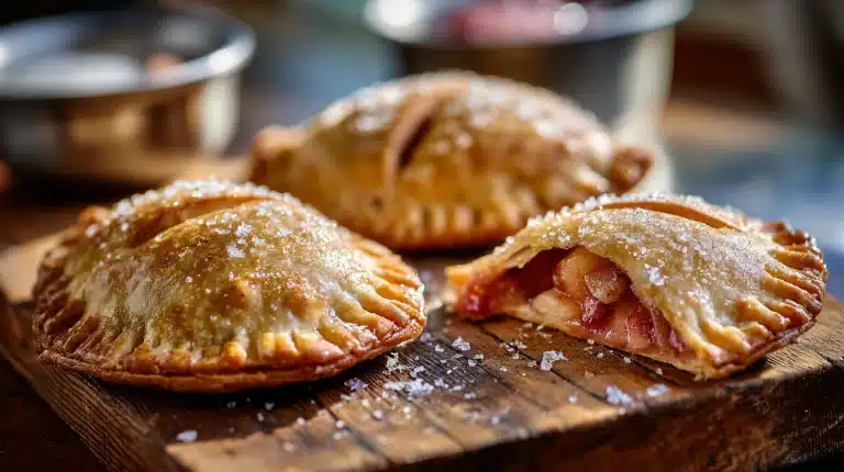 Golden Rhubarb Hand Pies with strawberry filling on a wooden board