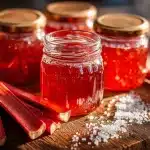 Three jars of homemade rhubarb jam on a rustic wooden board with fresh rhubarb stalks