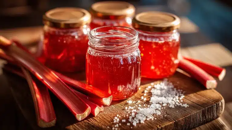 Three jars of homemade rhubarb jam on a rustic wooden board with fresh rhubarb stalks