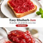 Ruby-red rhubarb jam on artisan toast, a homemade preserve without pectin. Perfect spring canning.
