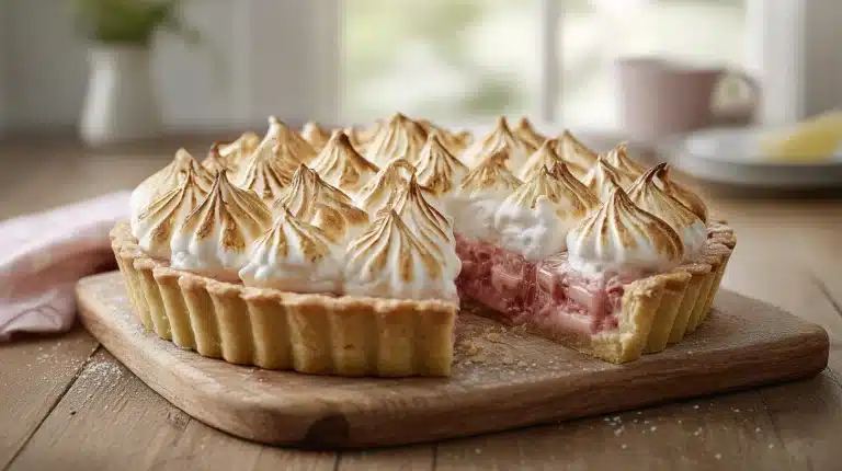 Golden Rhubarb Meringue Pie with tall meringue on wood.