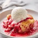 Rhubarb pudding cake in ceramic dish, golden brown top with cracks showing pink rhubarb sauce, melting vanilla ice cream and mint.