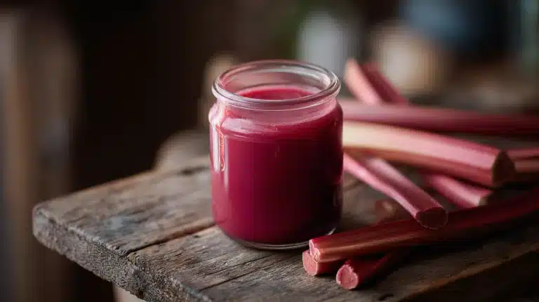 A jar of glossy homemade rhubarb sauce on a rustic wooden board with fresh rhubarb stalks