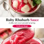 A luscious pink rhubarb sauce drizzled over vanilla ice cream with mint on white marble. Perfect spring dessert sauce.