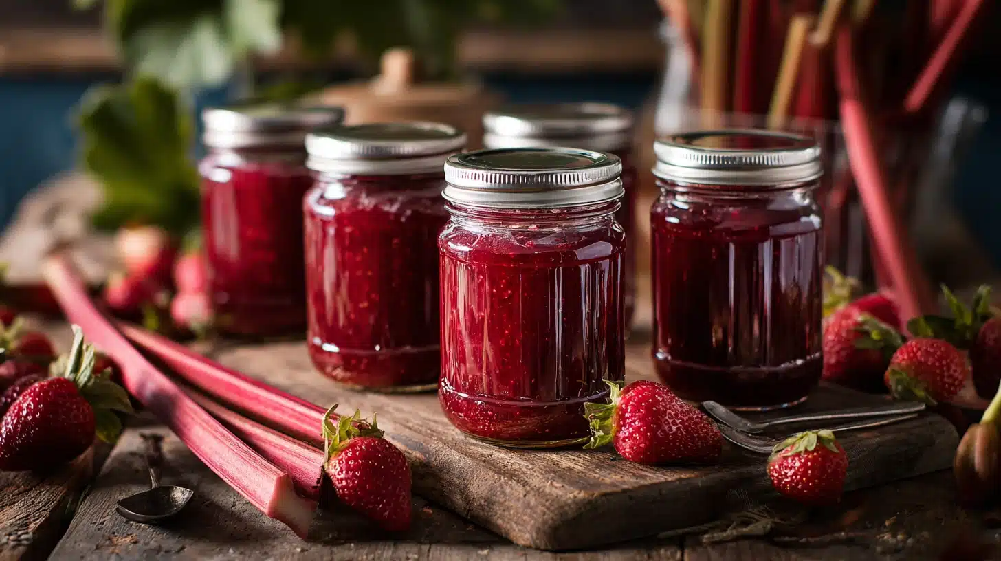 Rhubarb Strawberry Jam: The No-Pectin Recipe That Actually Sets 19 Three jars of homemade rhubarb strawberry jam on a rustic wooden board with fresh fruit