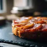 Glossy rhubarb upside down cake on a dark slate board.