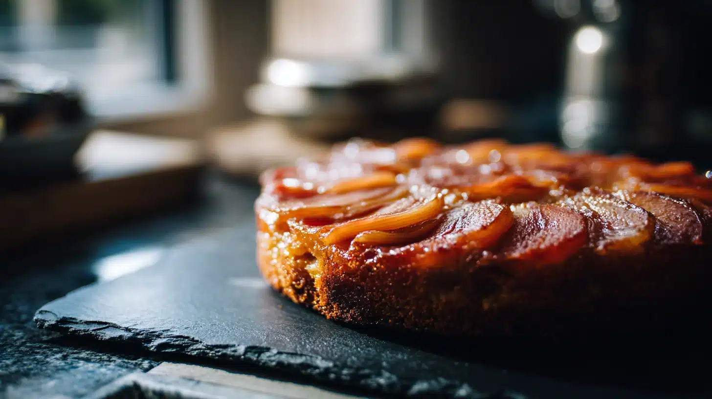 Perfectly Tart & Sweet Rhubarb Upside Down Cake (Ready in 1 hour 28 minutes) 14 Glossy rhubarb upside down cake on a dark slate board.