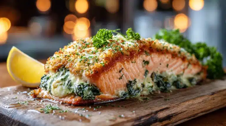 Golden salmon and stuffing recipe with creamy crab filling on a wooden board.