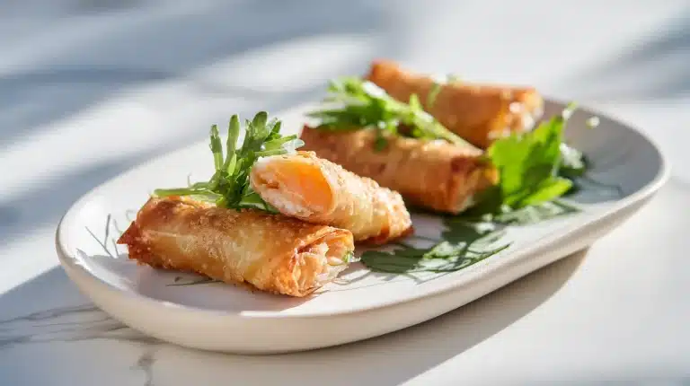 Crispy salmon egg rolls with teriyaki glaze and green onions on wood.