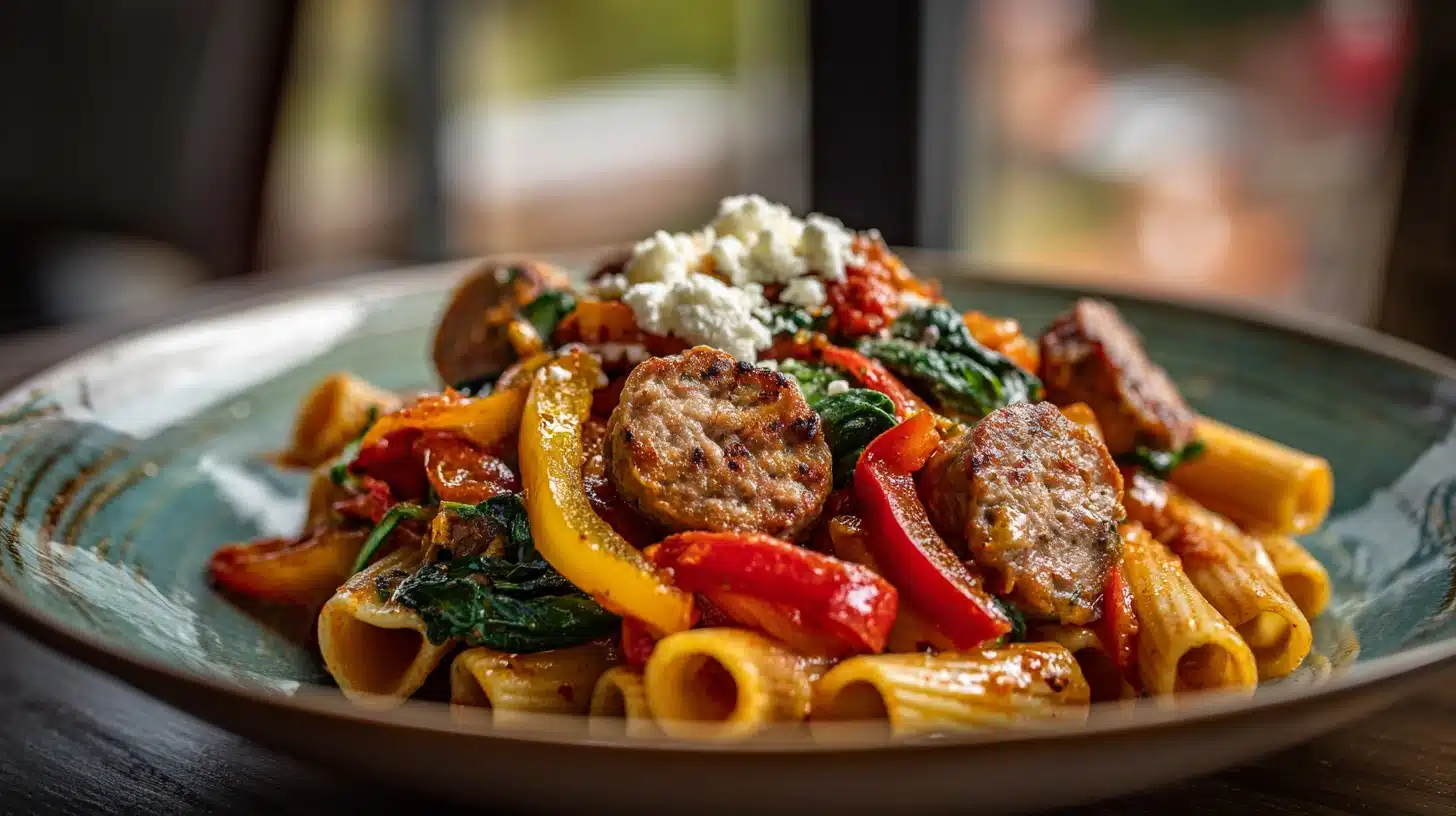 4-Step Sausage Pasta and Peppers Recipe: Easy Cajun Dinner in 30 Minutes 26 Sausage pasta and peppers recipe with feta and spinach on a ceramic plate.Sausage pasta and peppers recipe with feta and spinach on a ceramic plate.